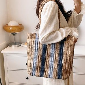 Woven Raffia Fringe Spring Summer Beach Shoulder Tote Bag